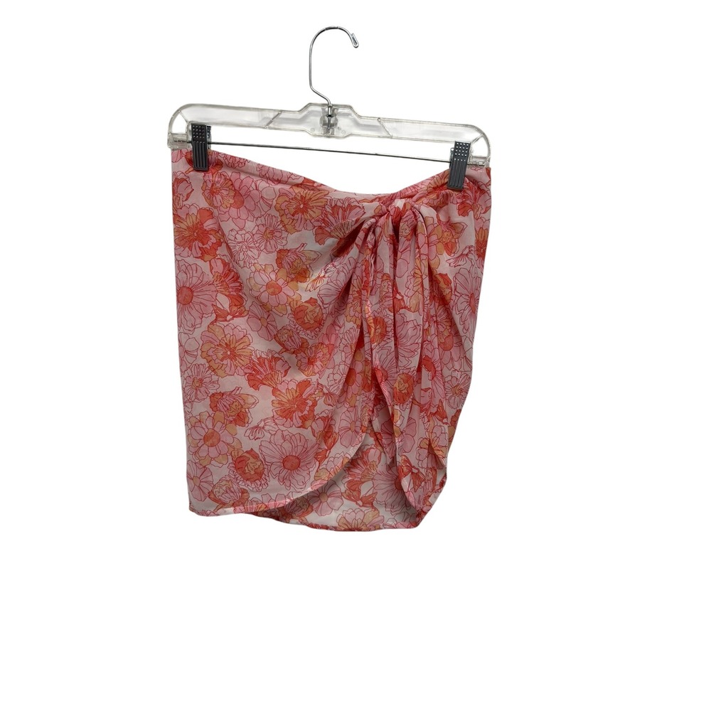 Shade & Shore Floral Sarong Swim Cover Up Skirt Pink Orange Tie Waist Size M NWT